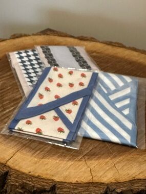 Set of Blue & White Patterned Handkerchiefs with Strawberry Print